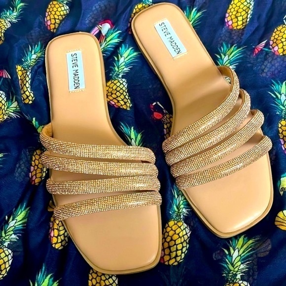 Brand New Steve Madden Rhinestone Multi-Strap Slip-On Sandals Bling Bronze Slide - Picture 1 of 15